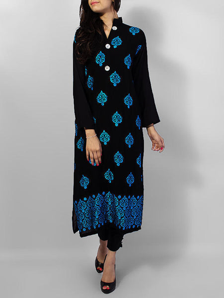 Afreen's Collection Blue & Black Linen Embroidery Kurta With Pant AC-11