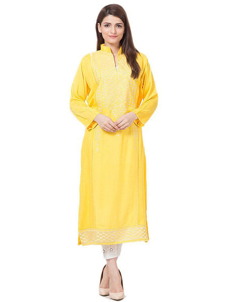 Afreen's Collection Yellow Malai Lawn Kurta With Lime Embroidery For Women-AC-22