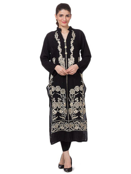 Afreen's Collection Vintage Black Linen Kurta With Skin Colored Embroidery-AC-24