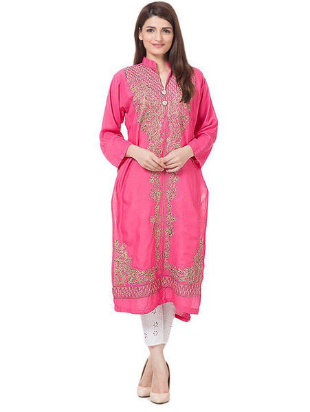 Afreen's Collection Pink Linen Kurta With Brown Embroider-AC-25