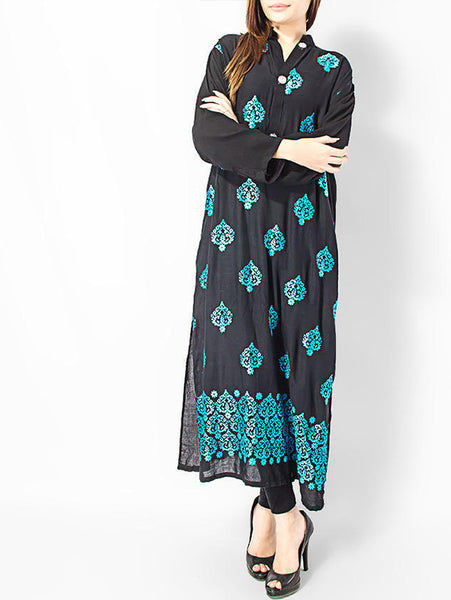 Afreen's Collection Black Linen Stylish Kurta With Fancy Buttons AC-9