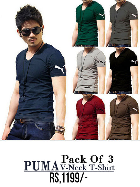 Pack Of  3 Half Sleeves Side PUMA V-Neck T-Shirt-Gg-51