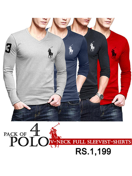 Pack of 4 Polo V-Neck Full Sleevest-Shirts-Gg-73