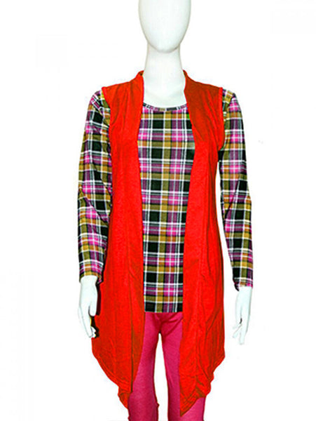 Checkered Shirt With Sleeveless Shrug Red -Gx-60