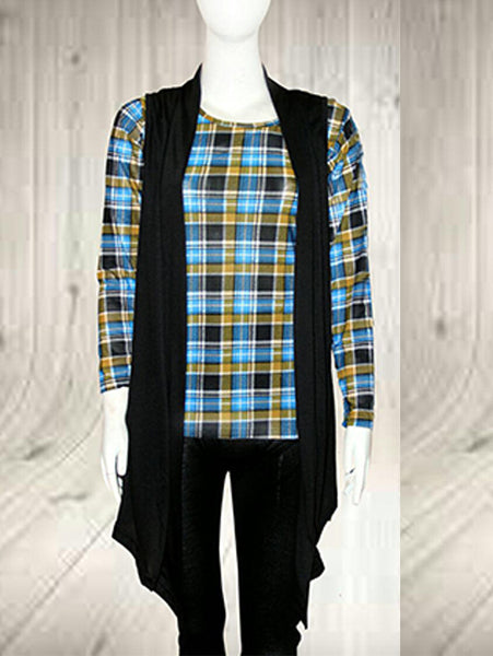 Checkered Shirt With Sleeveless Shrug Dlack -Gx-62