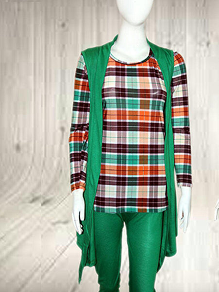 Checkered Shirt With Sleeveless Shrug Green -Gx-63