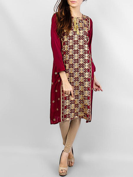 Naureen Shah Red Boski Malai Lawn Embroidered Kurta-NH-01