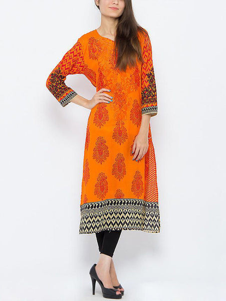 Naureen Shah Orange & Black Printed Lawn Straight Shirt For Women-NH-02