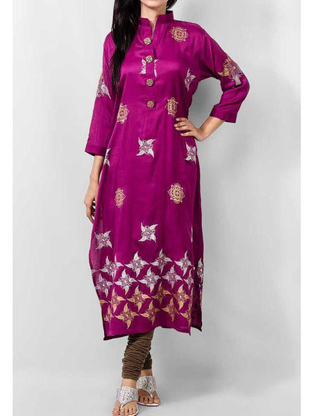 Naureen Shah Purple Boski Lawn Kurta with Block Print & Fancy Buttons-NH-03