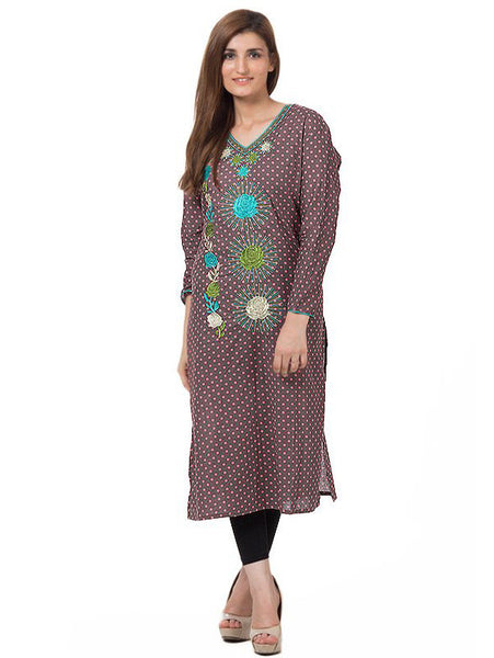 Naureen Shah Brown and pink - Cotton - Polka dot printed and embroidered Shirt for Women-NH-05