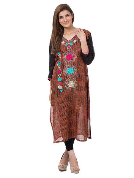 Naureen Shah Brown - Cotton - Printed & Embroidered Shirt for Women-NH-07