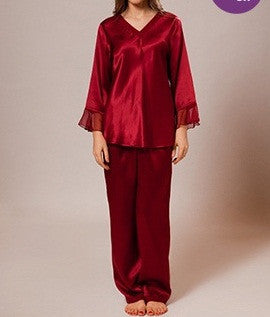 POLYESTER SOLID SATIN PJ SETS WITH EMB-Red  VPJ - DR