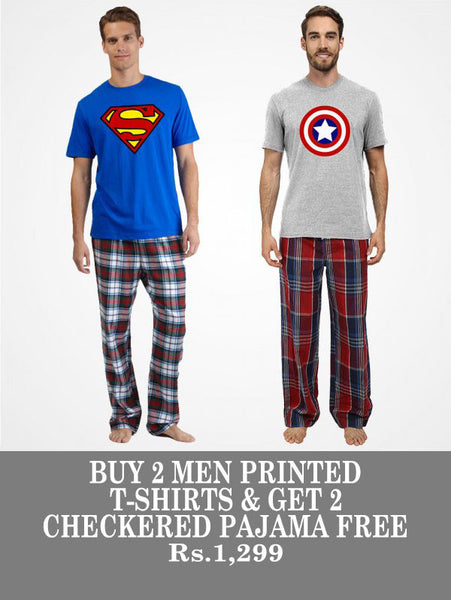 BUY 2 MEN PRINTED T-SHIRTS & GET 2 CHECKERED PAJAMA FREE - TWH-09