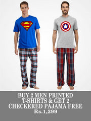 BUY 2 MEN PRINTED T-SHIRTS & GET 2 CHECKERED PAJAMA FREE - TWH-09