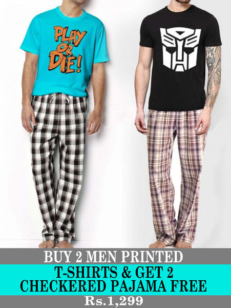 BUY 2 MEN PRINTED T-SHIRTS & GET 2 CHECKERED PAJAMA FREE - TWH-11