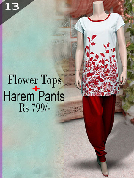 White & Red Flowers Tops Plus Red Harem Pants- VDTX-112