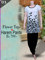 white & Black  Flowers Tops Plus Black Harem Pants- VDTX-113