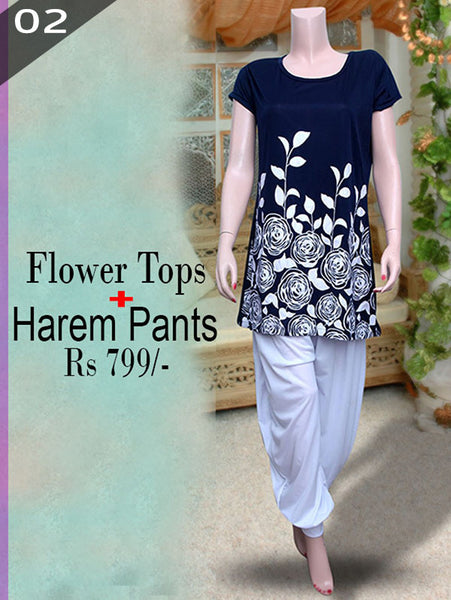 Blue Flowers Tops Plus White Harem Pants- VDTX-114