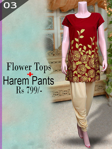 Maroon  Flowers Tops Plus Cream Harem Pants- VDTX-115