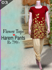 Maroon  Flowers Tops Plus Cream Harem Pants- VDTX-115