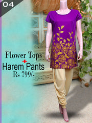 Purple  Flowers Tops Plus Cream Harem Pants- VDTX-116