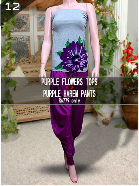 Purple  Flowers Tops With Purple Harem Pants- VDTX-80