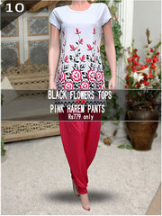 Pink & Black  Flowers Tops With Pink Harem Pants- VDTX-82