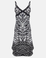 Valerie Black & White Zebra Printed Polyester Satin Tail Chemise For Women -va-102