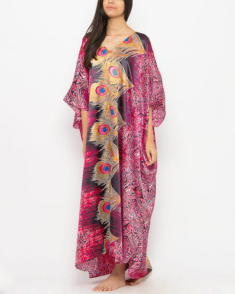 Valerie Pink Peacock Polyester Printed Long Caftan -va-104