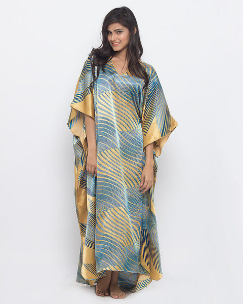 Valerie Valerie Golden/Blue Print Polyester Polyester Printed Long Caftan Caf 83 -va-105