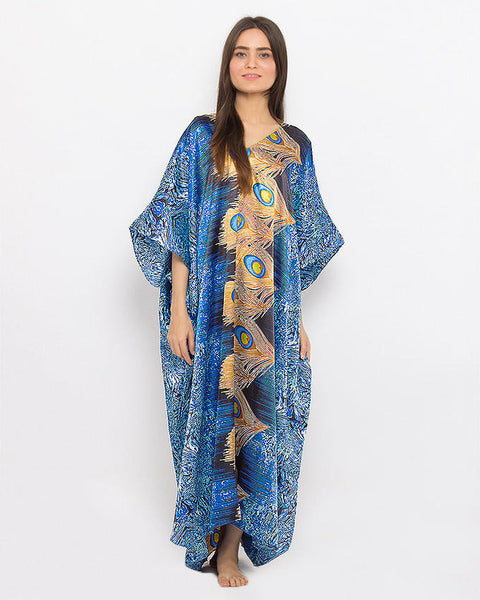 Valerie Blue Polyester Peacock Printed Long Caftan-va-108