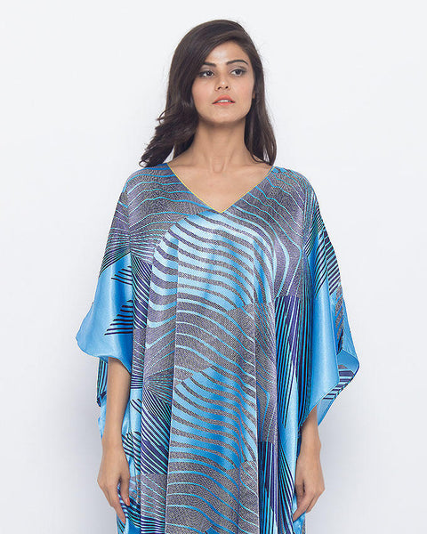 Valerie Valerie Turquoise Polyester Printed Long Caftan Caf 83C2-va-111