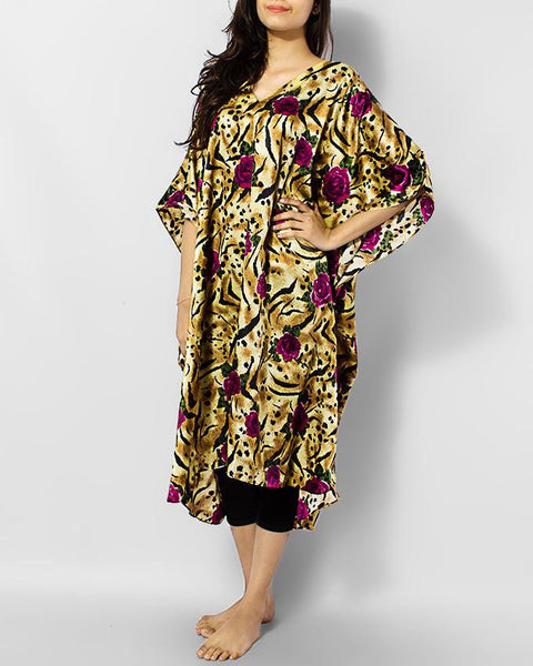 Valerie Maroon Printed Satin V-Neck Kaftan-va-121