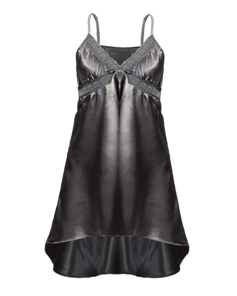 Valerie Grey Polyester Satin Chemise With Lace-va-123