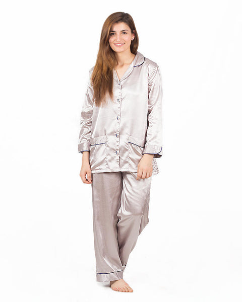 Valerie Silver Solid Polyester With Piping Nightsuit For Women -va-12