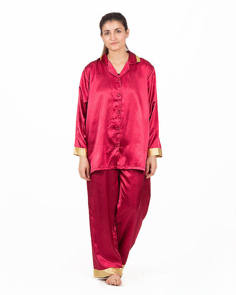 Valerie Dark Red Solid Polyester With Contrast Border Nightsuit For Women -va-13