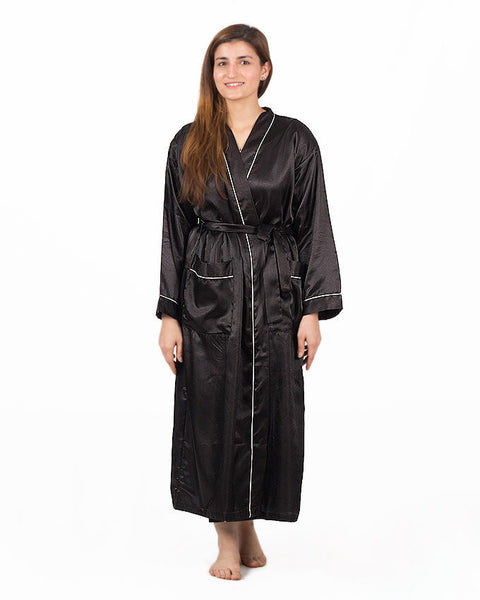 Valerie Black Solid Polyester With Piping Long Gown For Women -va-15