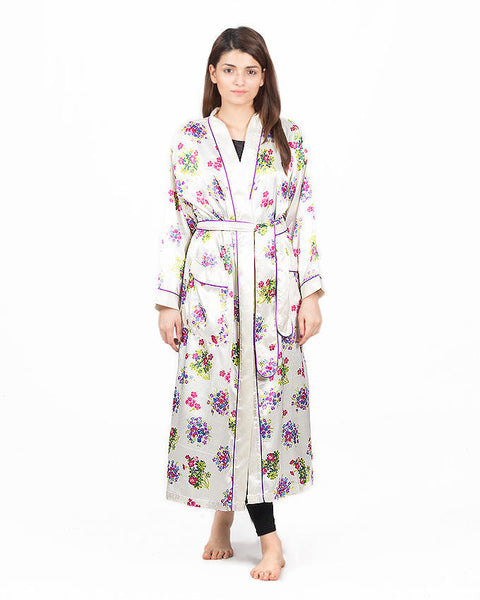 Valerie White Printed Polyester Long Gown With Piping -va-24