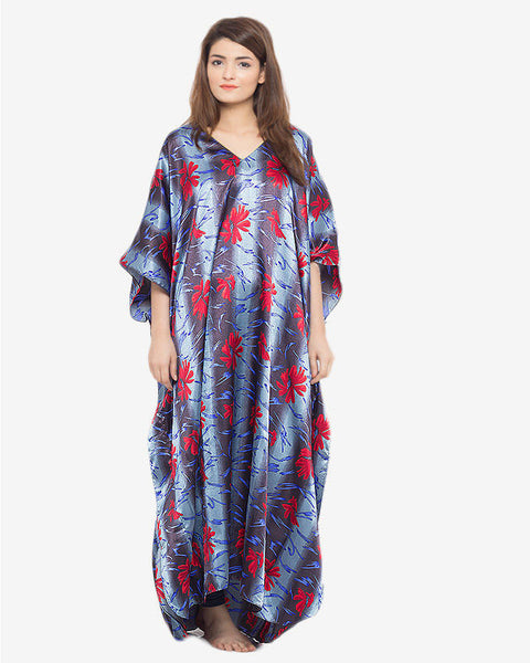 Valerie Black & Light Blue Printed Polyester Long Caftan -va-25