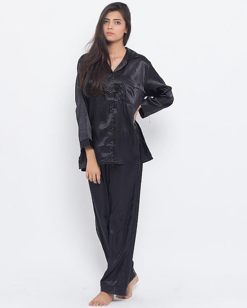 Valerie Valerie Black Solid Polyester Satin Night Suit-va-26