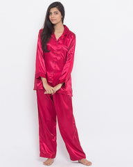 Valerie Dark Red Solid Polyester Satin Night Suit-va-28