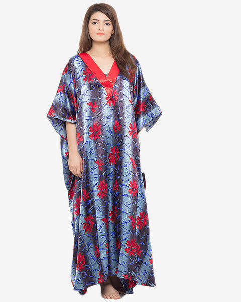 Valerie Black & Light Blue Printed Polyester Long Caftan With Contrast Neck-va-30