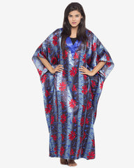 Valerie Black & Light Blue Printed Polyester Long Caftan With Contrast Neck -va-32