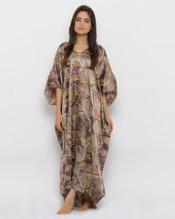 Valerie Brown Paisley Printed Polyester Satin Long Caftan -va-46