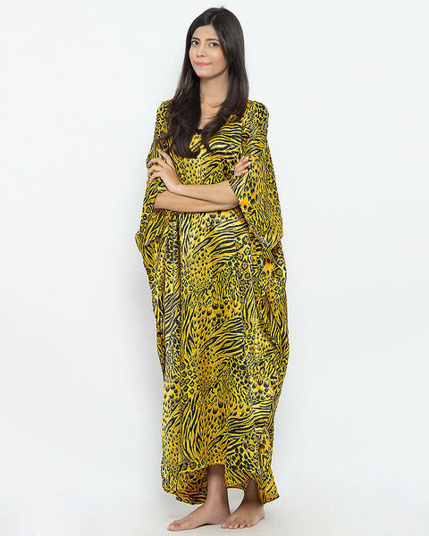 Valerie Golden Cheetah Printed Polyester Long Caftan for Women-va-51