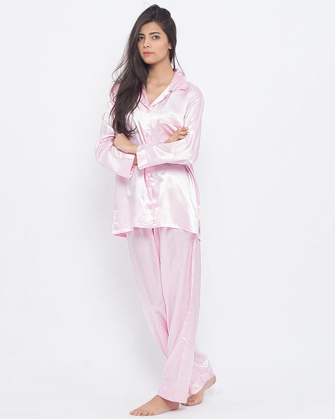 Valerie Pink Solid Polyester Satin Night Suit-va-54