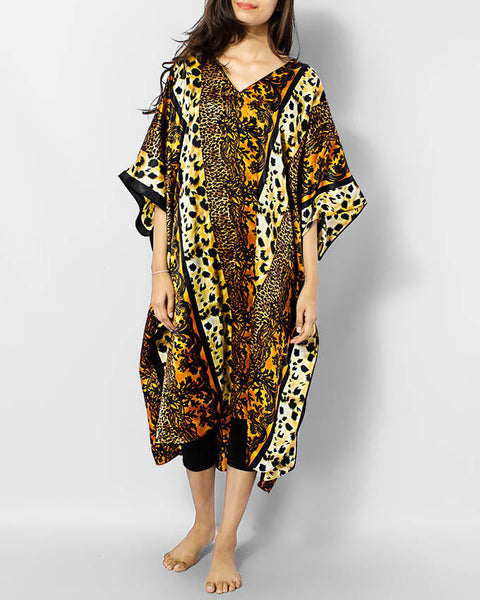 Valerie Brown Printed Satin V-Neck Kaftan-va-59