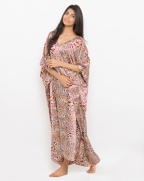 Valerie Peach Polyester Cheeta Long Caftan for Women-va-80