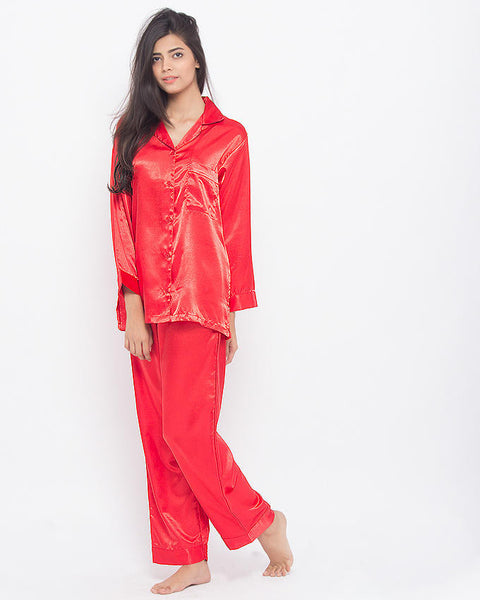 Valerie Red Solid Polyester Satin Night Suit -va-83