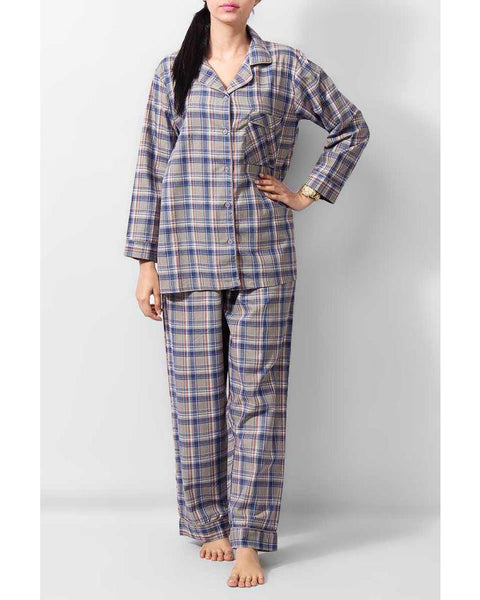 Valerie Grey & Blue Checkered Pattern Comfortable Two Piece Women Nightwear-va-84